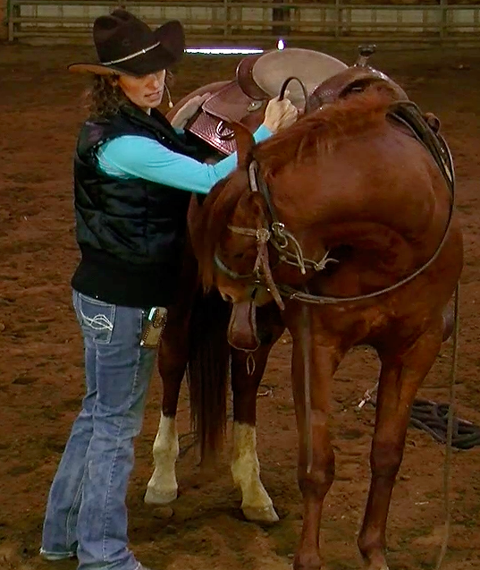 Stacy Westfall teaching horse to bend to stand still.