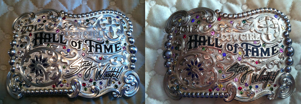 Silver belt buckle before and after egg
