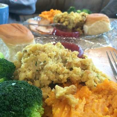 A photo of our Thanksgiving meal in our motorhome while headed to a horse show.